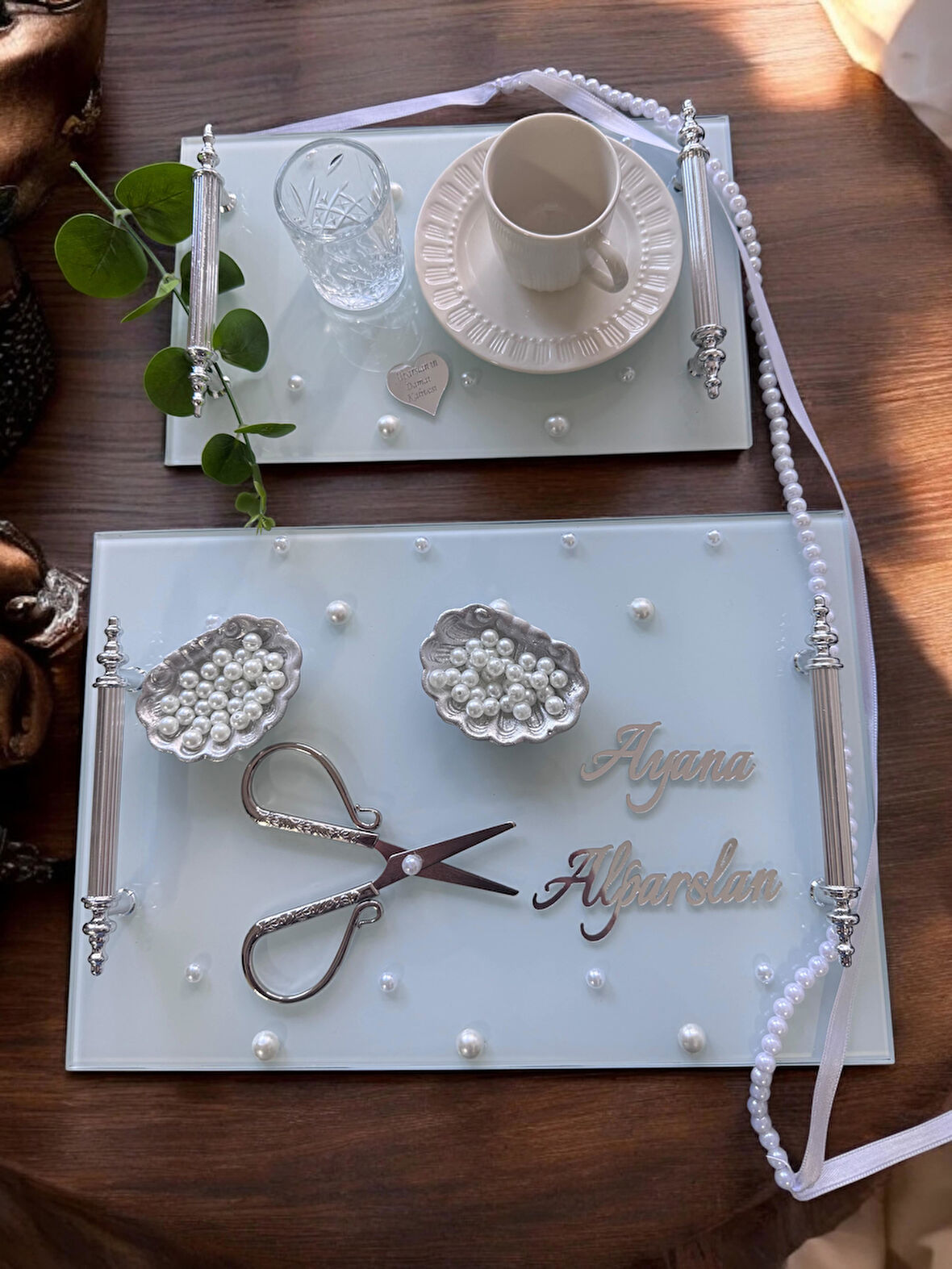 Bonding Gümüş Beyaz İncili Söz Tepsisi Nişan Tepsisi ve Damat Kahve Fincan Tepsisi
