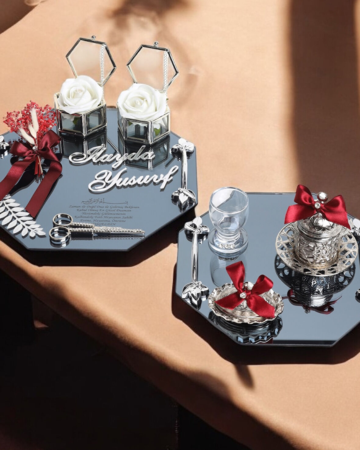 Affinity Sekizgen Gümüş Söz Nişan Tepsisi ve Damat Kahve Fincan Tepsisi