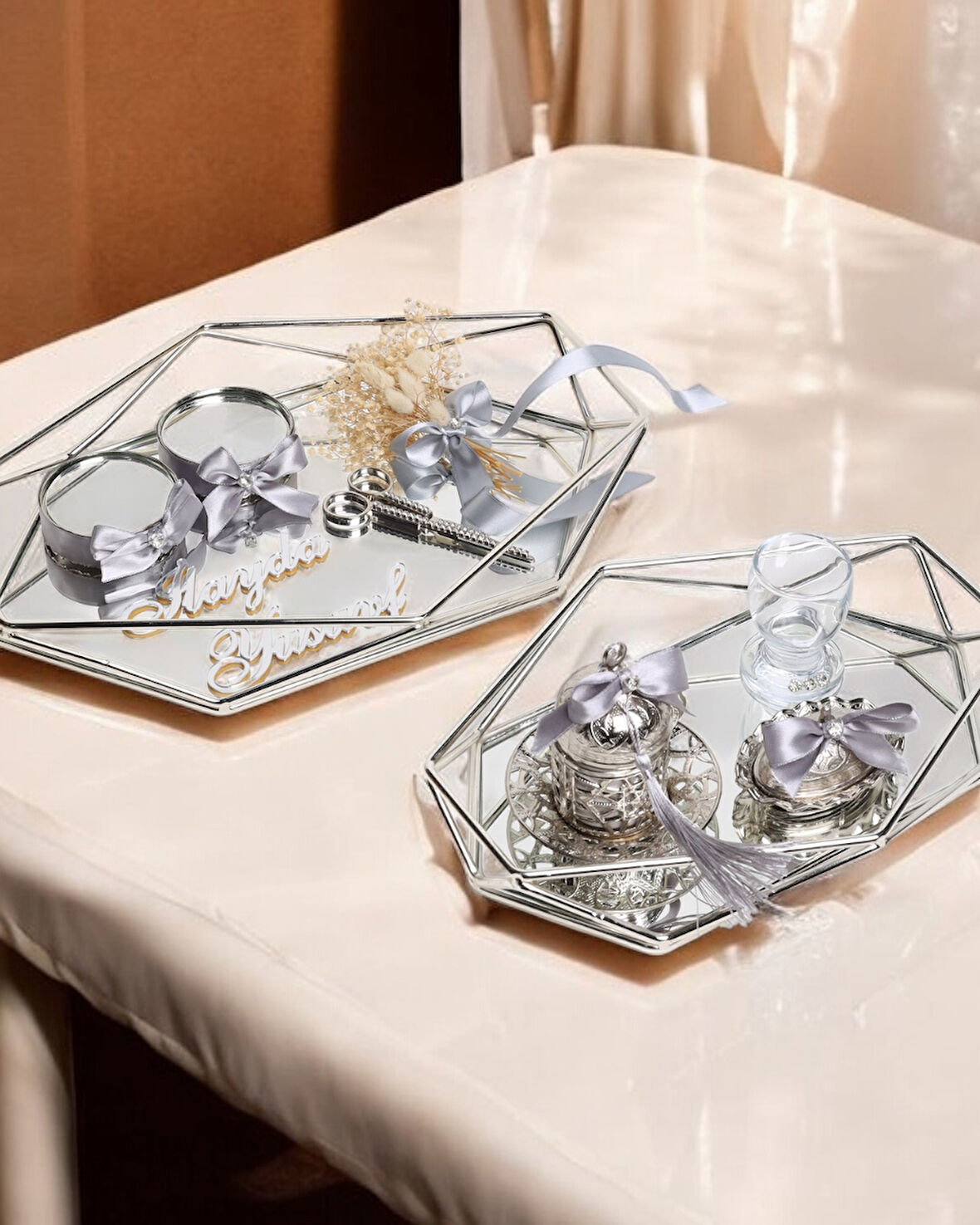 Elation Gümüş Prizma Söz Nişan Tepsisi ve Damat Kahve Fincan Tepsisi