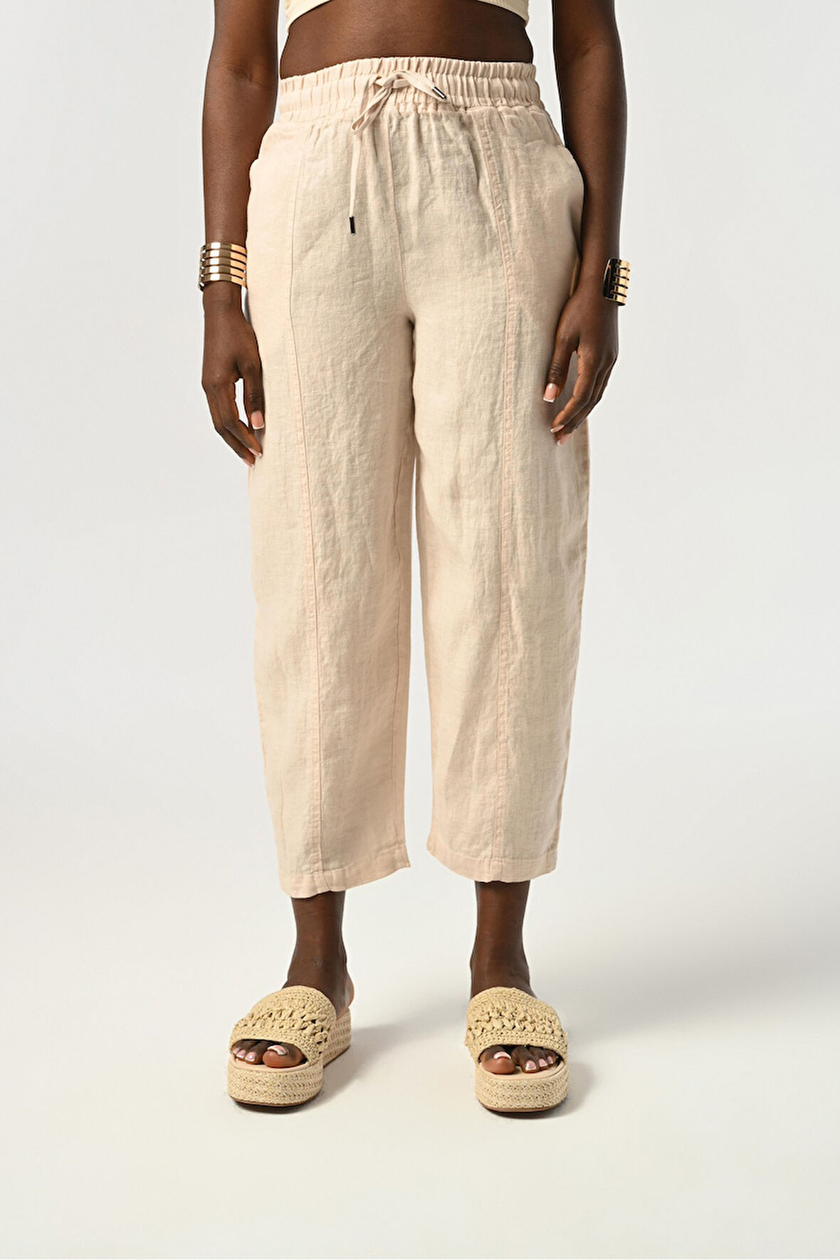 KADIN BELİ LASTİKLİ RAHAT KALIP %100 KETEN DÜZ RENK PANTOLON