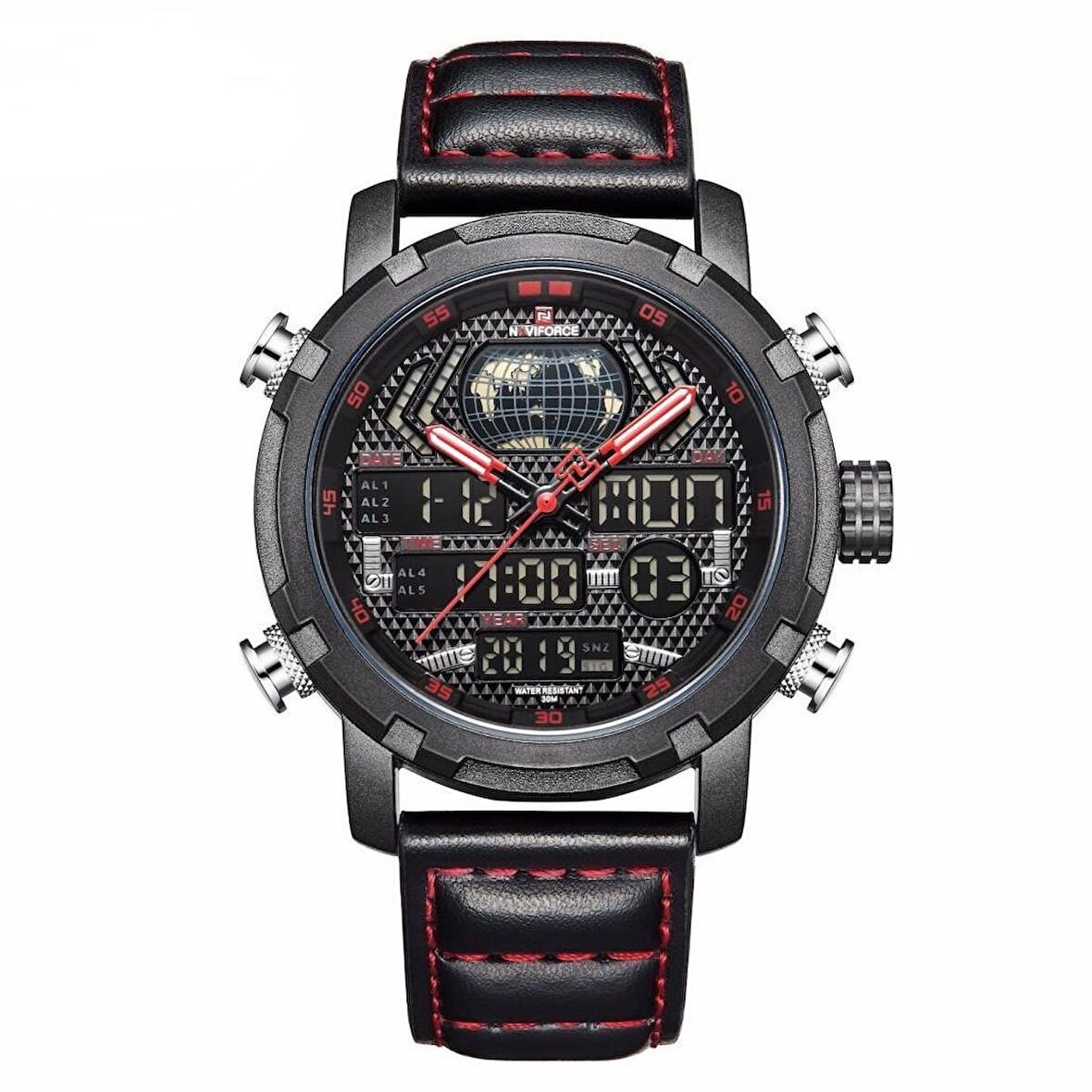 NAVİFORCE NF9160 SİYAH KAYIŞ KIRMIZI DİKİŞLİ  SPOR ERKEK KOL SAATİ