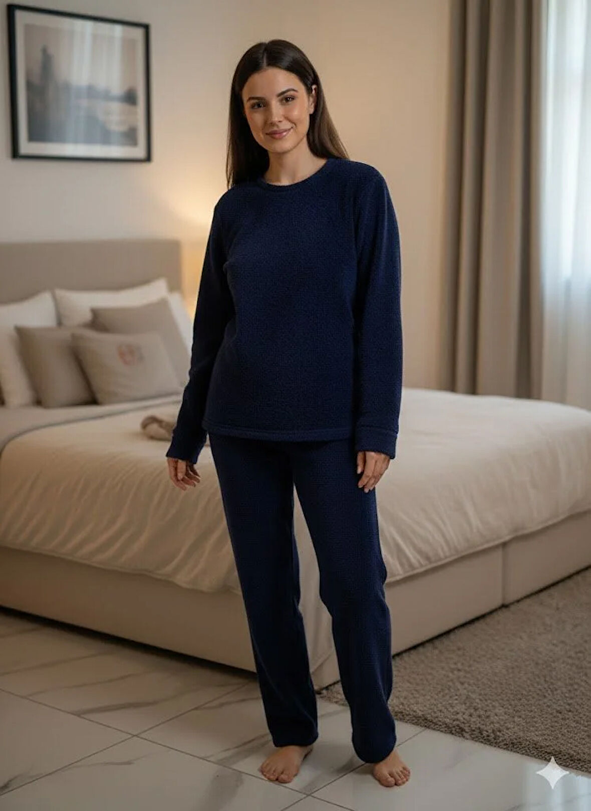KADIN LACİVERT PELUŞ PİJAMA TAKIM