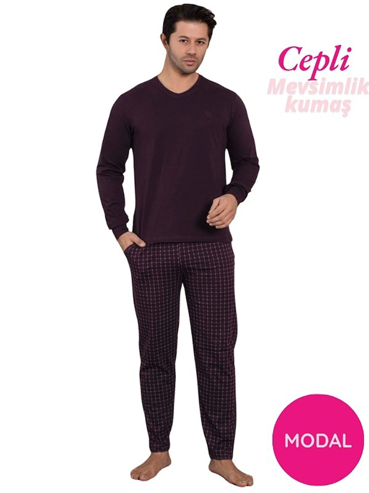 Erkek Bisiklet Yaka Düğmesiz Ekose Desen Modal Mevsimlik Uzun Kol Manşetli Cepli Pijama Takımı