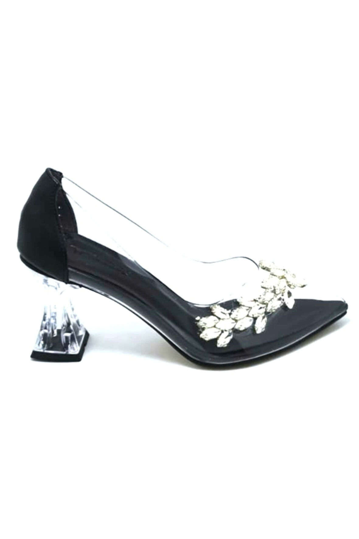 248101 Siyah Kadın Şeffaf Taşlı Abiye Ayakkabı