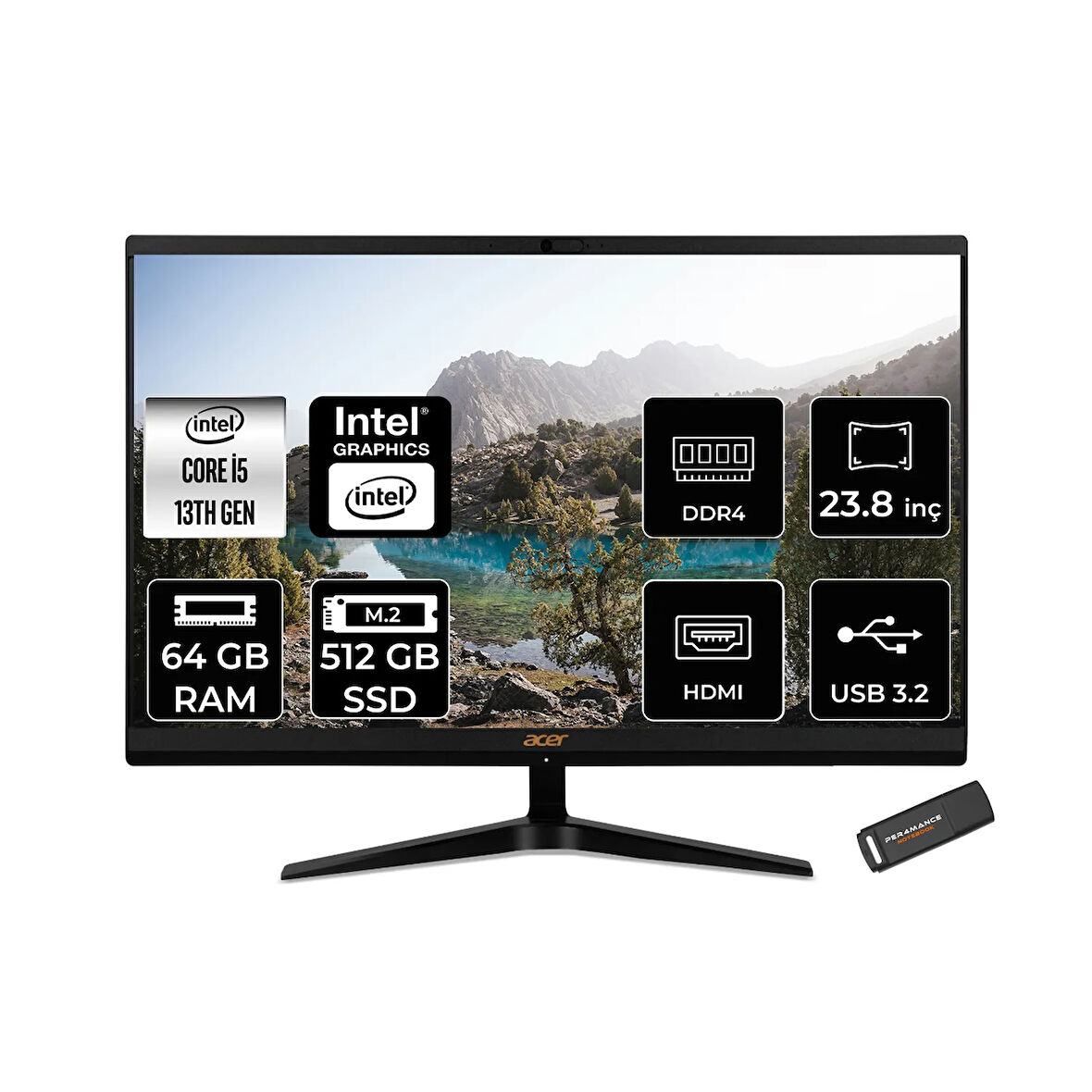 Acer Aspire C24-1800 i5 1335U 64GB 512GB SSD Intel Graphics 23.8" FHD FDOS All In One PC Siyah & PER