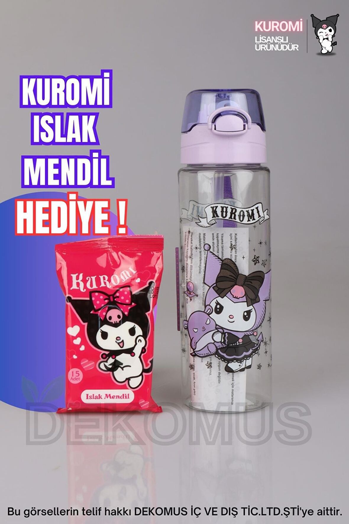 YENİ SEZON LİSANSLI KUROMI TRITAN MATARA 700 ML "KUROMI ISLAK MENDİL HEDİYELİ"