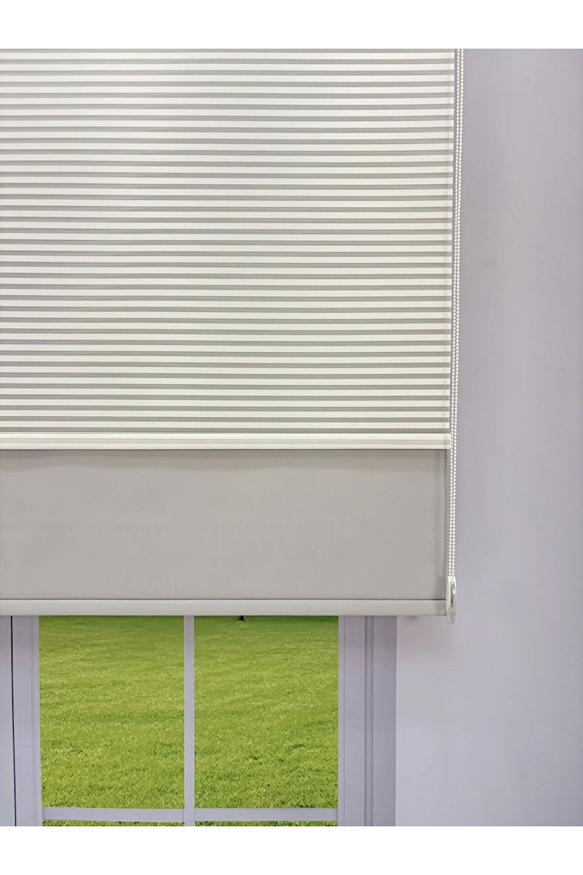 LUNA Serisi Beyaz Tül Açık Gri Stor Perde Işık Kontrollü, Çift Mekanizmalı, Kolay Montaj