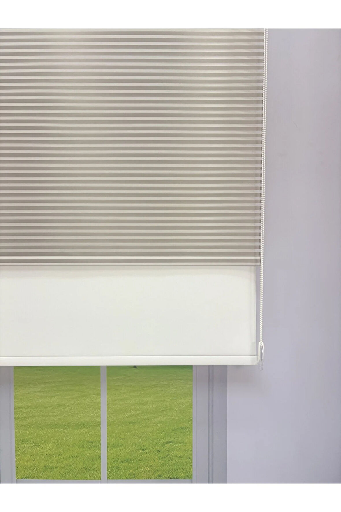 LUNA Serisi Açık Gri Tül Beyaz Stor Perde Işık Kontrollü, Çift Mekanizmalı, Kolay Montaj