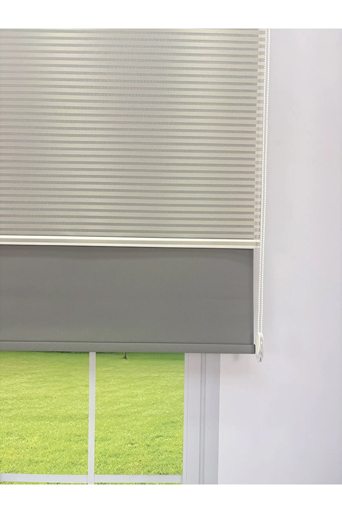 LUNA Serisi Açık Gri Tül Antrasit Gri Stor Perde Işık Kontrollü, Çift Mekanizmalı, Kolay Montaj