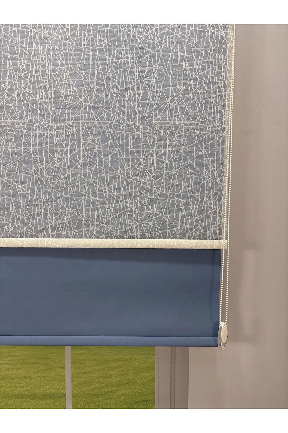 OLYMPOS Serisi – Kırçıl Desenli Çift Mekanizmalı Beyaz Tül Mavi Stor Perde