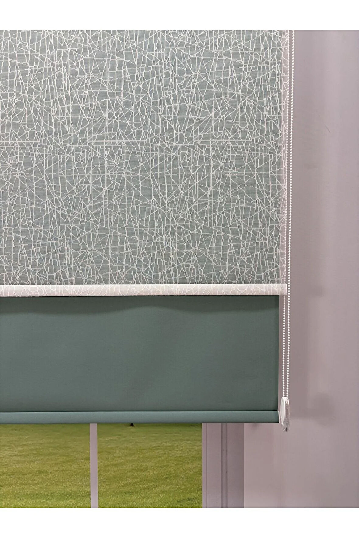 OLYMPOS Serisi – Kırçıl Desenli Çift Mekanizmalı Beyaz Tül Petrol Yeşili Stor Perde