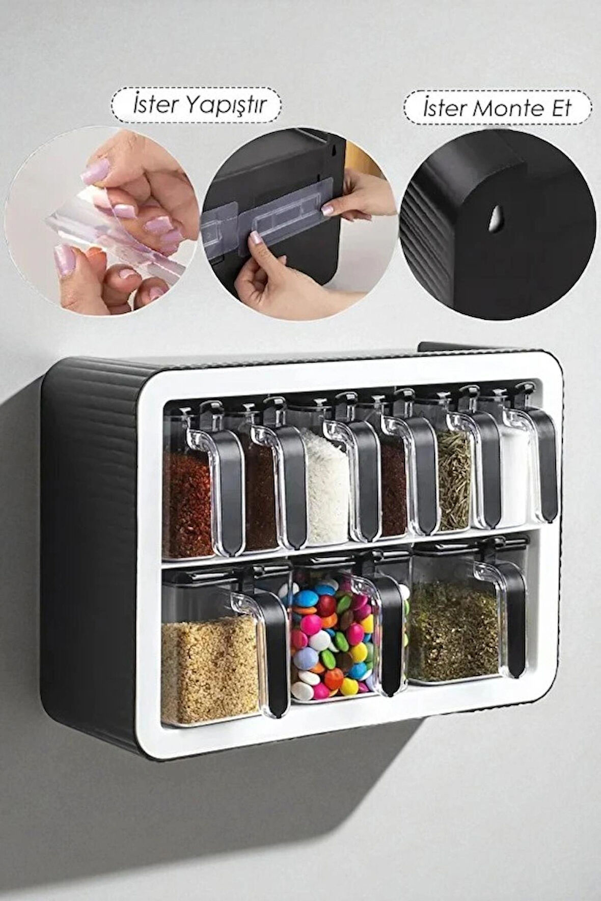 9'lu Kendinden Kaşıklı Duvara Monteli Baharatlık Seti Standlı Mutfak Düzenleyici