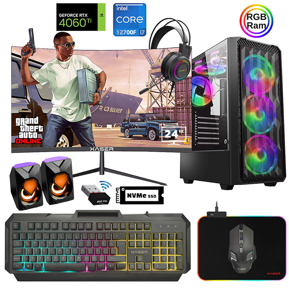 Xaser Xsr887 i7 12700F 16GB Ram 512GB M.2 NVMe SSD 8GB RTX4060Ti 23.8" 180Hz Curved Oyuncu Bilgisayarı