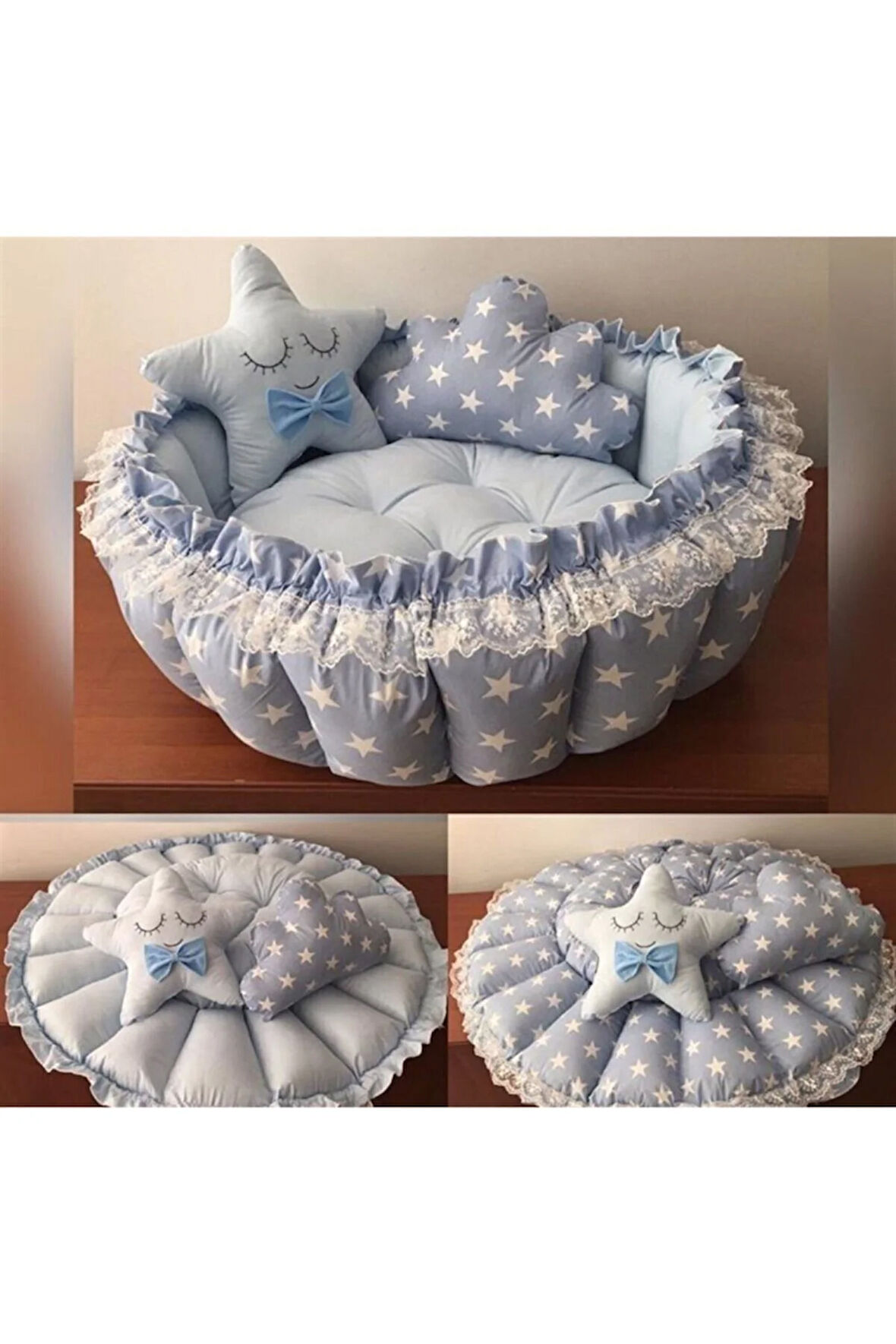 Mavi Yıldızlı Tasarım Açılır Kapanır Oyun Minderi Bebek Yuvası Jaju-babynest Anne Yanı