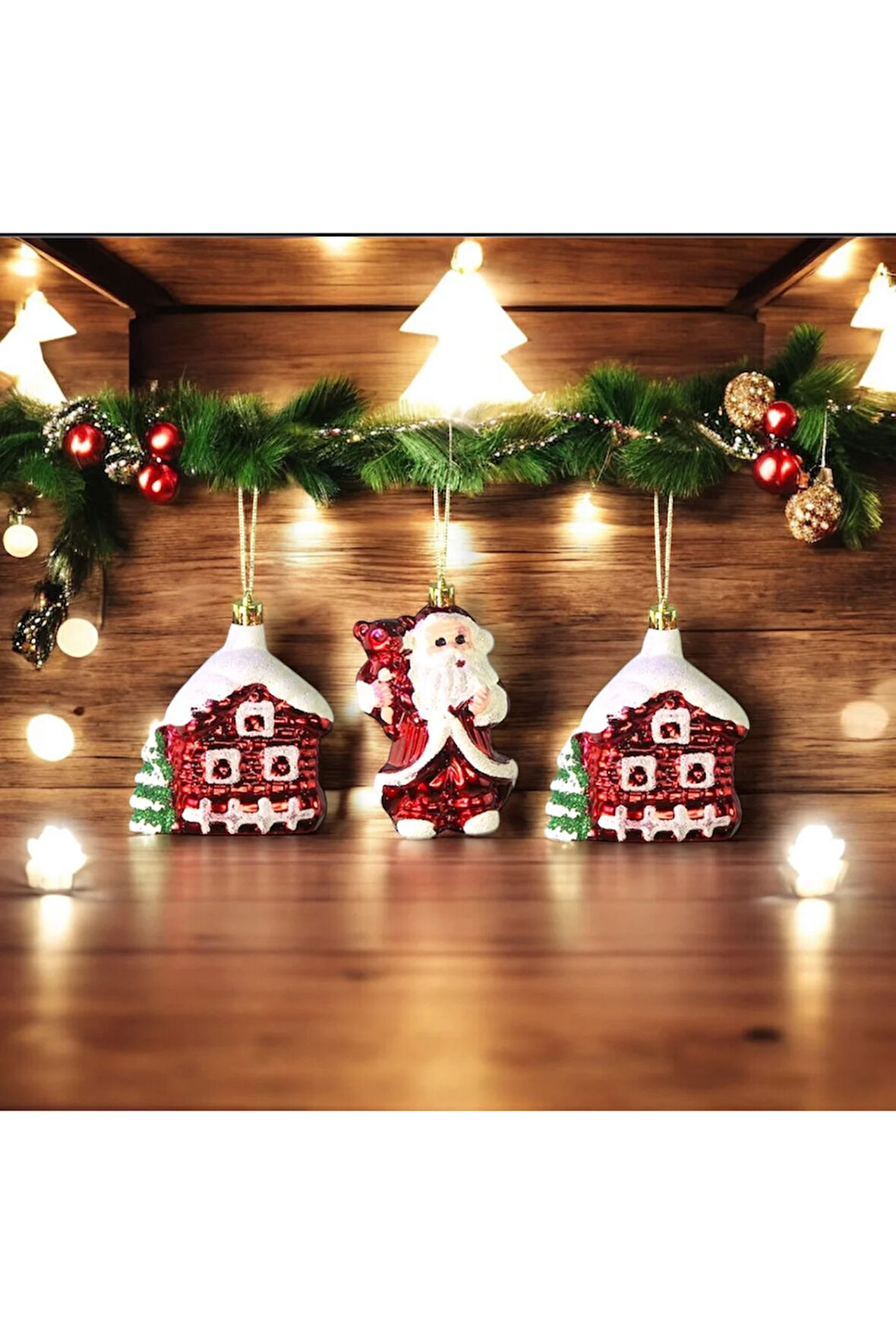 Yılbaşı Süsü 3'lü Noel Baba ve Ev Kırmızı 6 cm