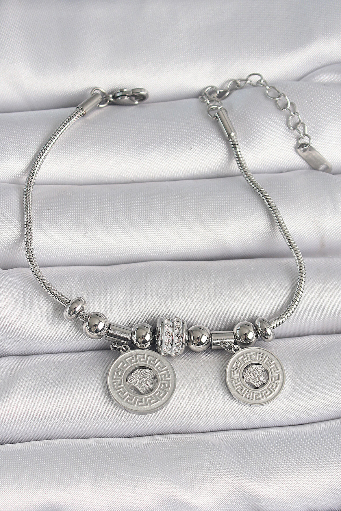 316L Çelik Gümüş Renk Tüp Zincir Madalyon Model Zirkon Taş Detaylı Kadın Bileklik