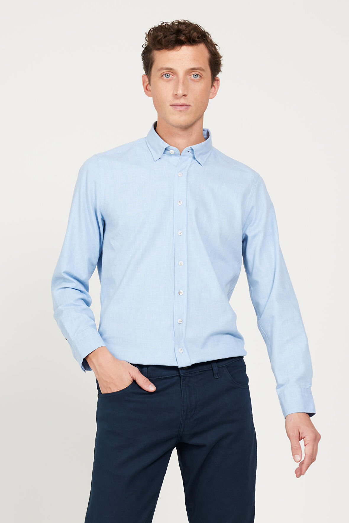 Erkek Açık Mavi Slim Fit Dar Kesim Düğmeli Yaka Flanel Oduncu Gömlek