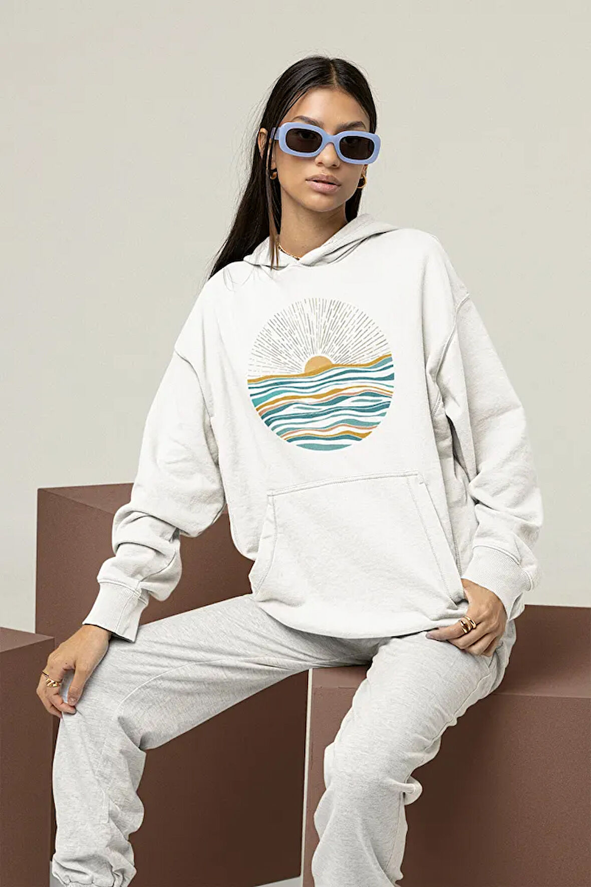 Özel Tasarım Gün Batımı Baskılı Unisex Oversize Hoodie