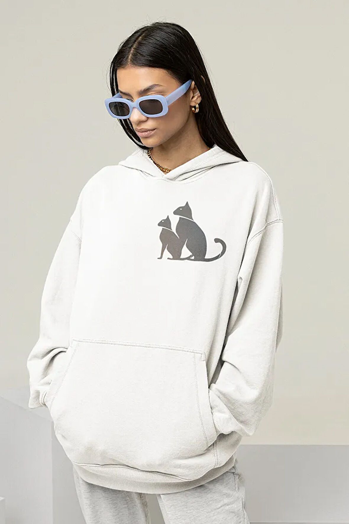 Minimalist Kedi Baskılı Unisex Oversize Hoodie