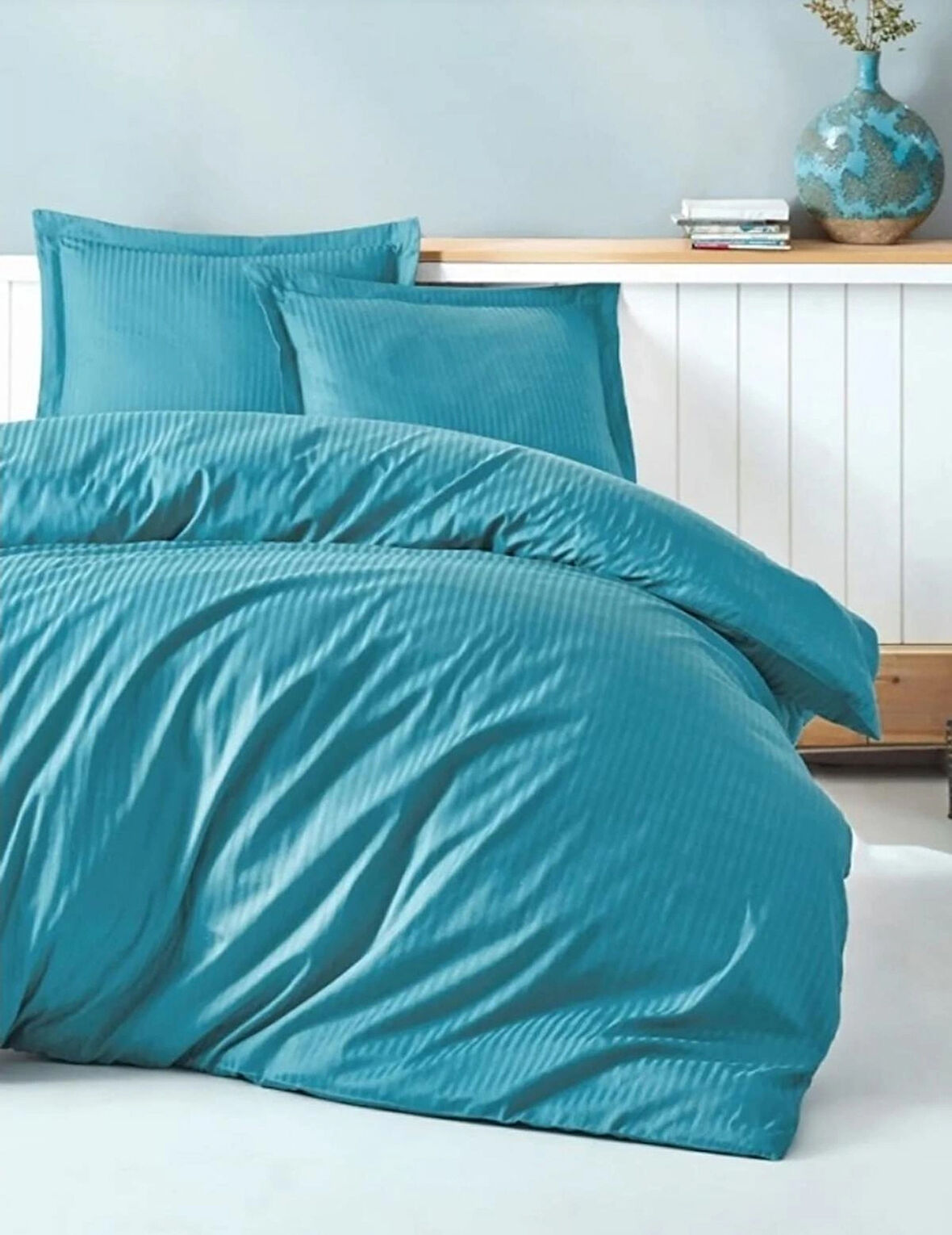 Cotton Box Elegant Stripe Turkuaz Saten Çift Kişilik Nevresim Takımı