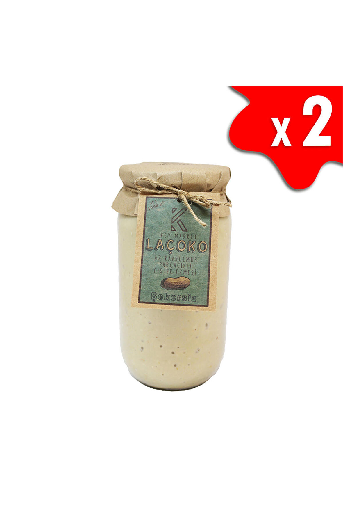 LAÇOKO 2KG Sekersiz, Katkisiz, Glutensiz, Vegan, Dogal Az Kavrulmus (ÇIG) Parçacikli Extra Crunchy Fistik Ezmesi