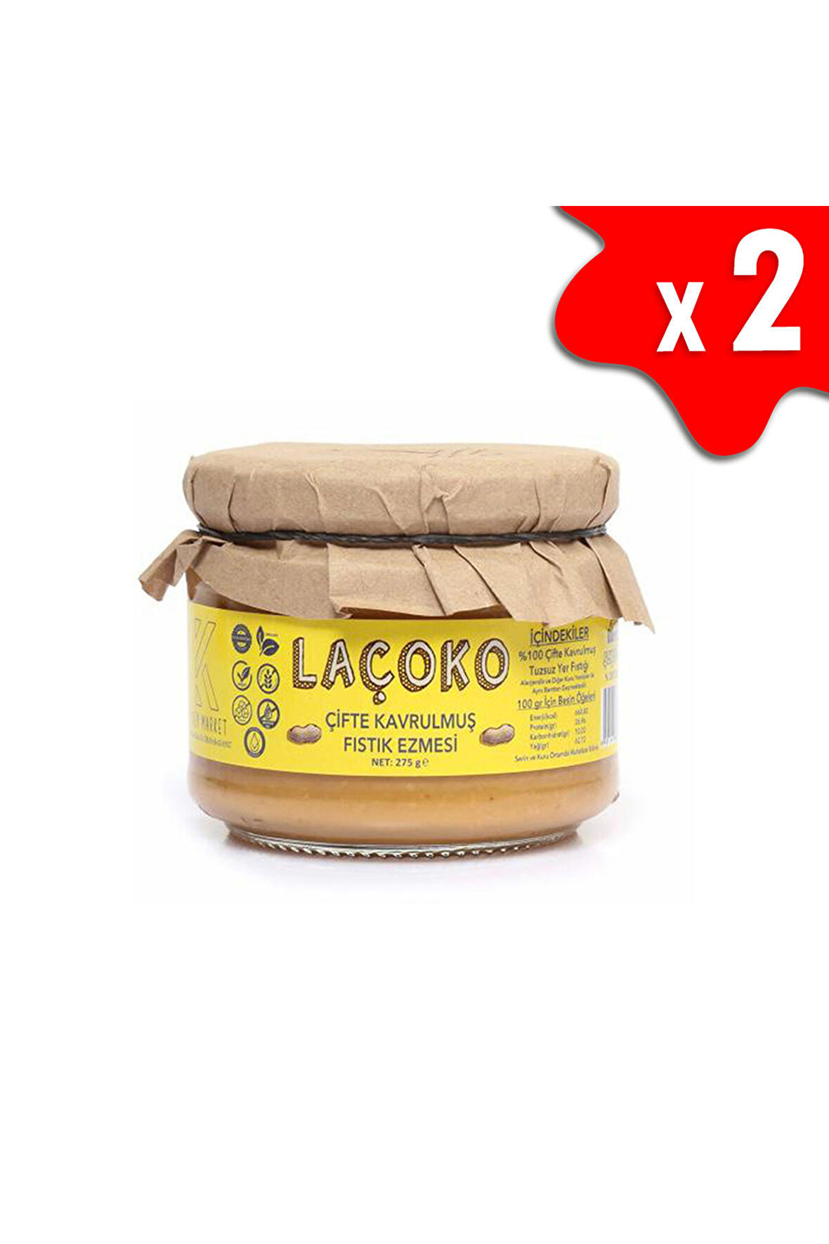 LAÇOKO 550 Gram Şekersiz, Katkısız, Glutensiz, Vegan, Doğal Çifte Kavrulmuş Yer Fıstığı Ezmesi