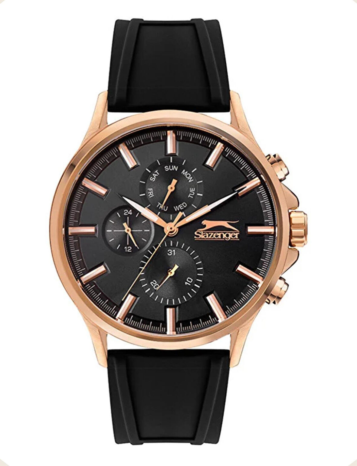 SLAZENGER ROSE GOLD KASA DUAL TİME ÖZELLİKLİ 5 ATM SU GEÇİRMEZ SİLİKON KAYIŞLI ERKEK KOL SAATİ