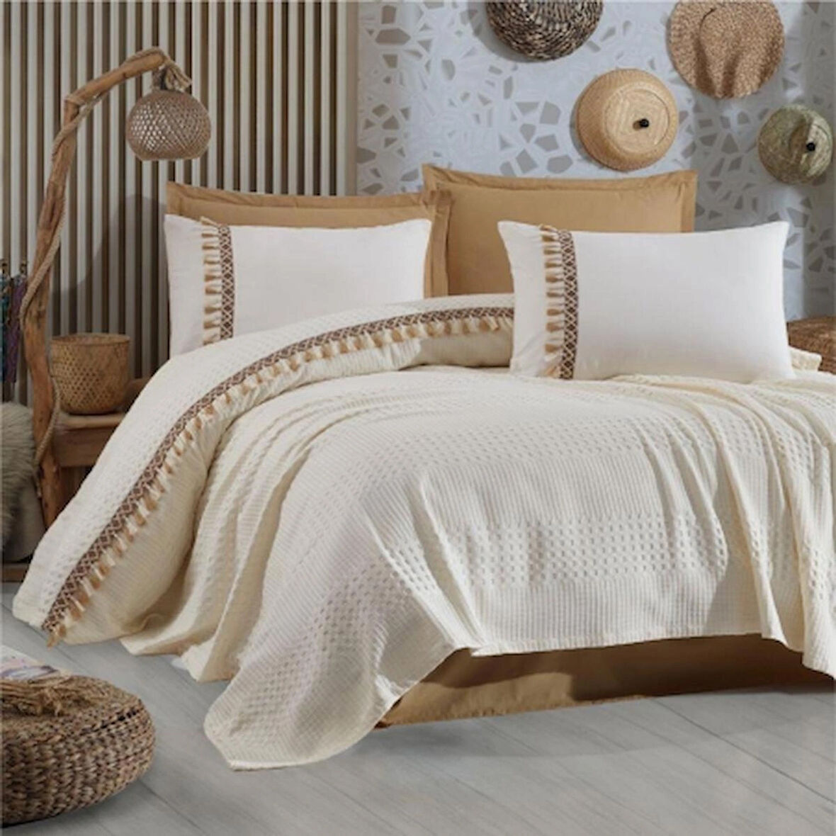 Clasy Çift Kişilik Püsküllü Pike Takımı Bohemline V5 EKRU