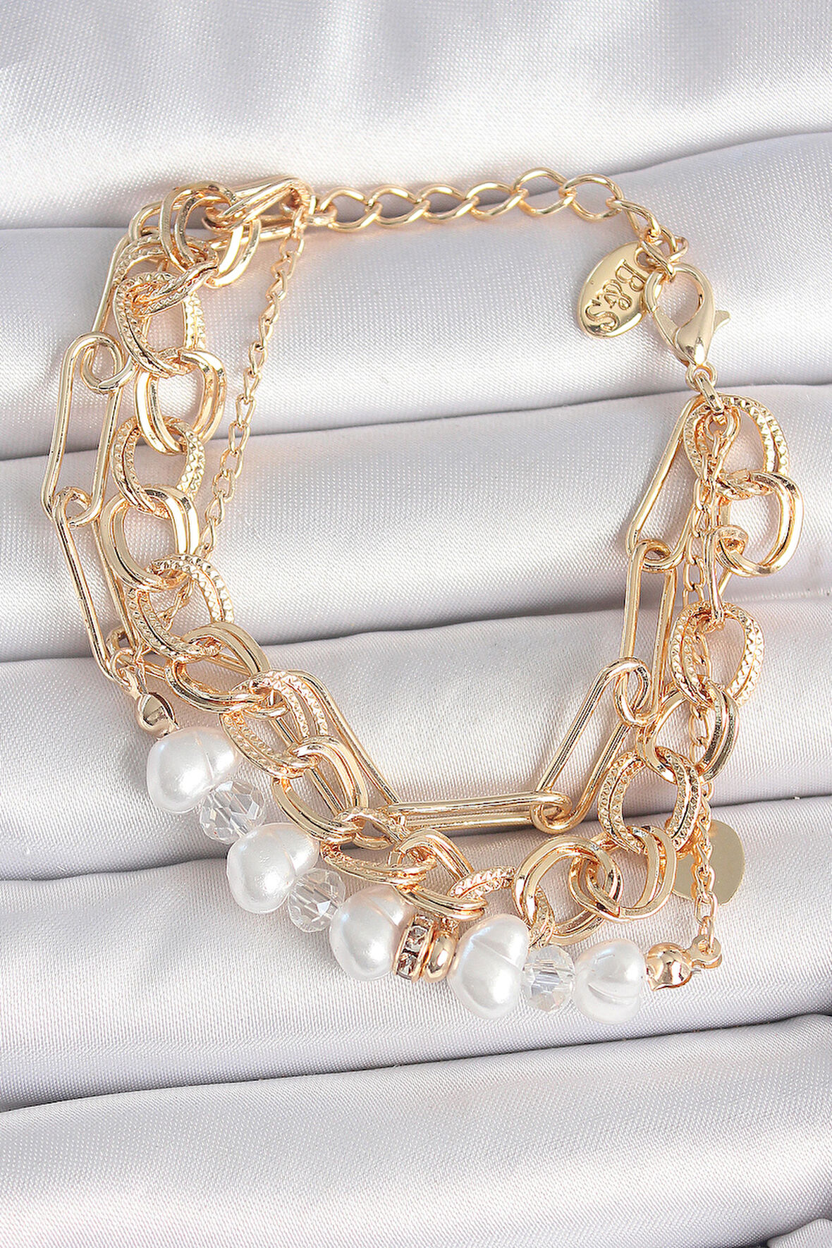 Pirinç Gold Renk Çoklu Zincir Model İncilli Zirkon Taş Detay Kadın Bileklik