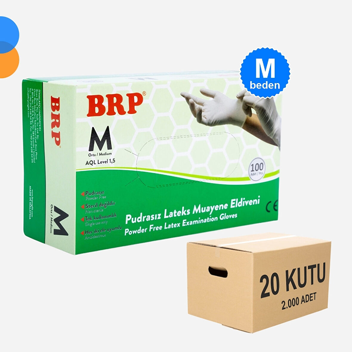 BRP Pudrasız Lateks Muayene Eldiven Medium (M) 100'lü Kutu X 20 Kutu - 1 Koli