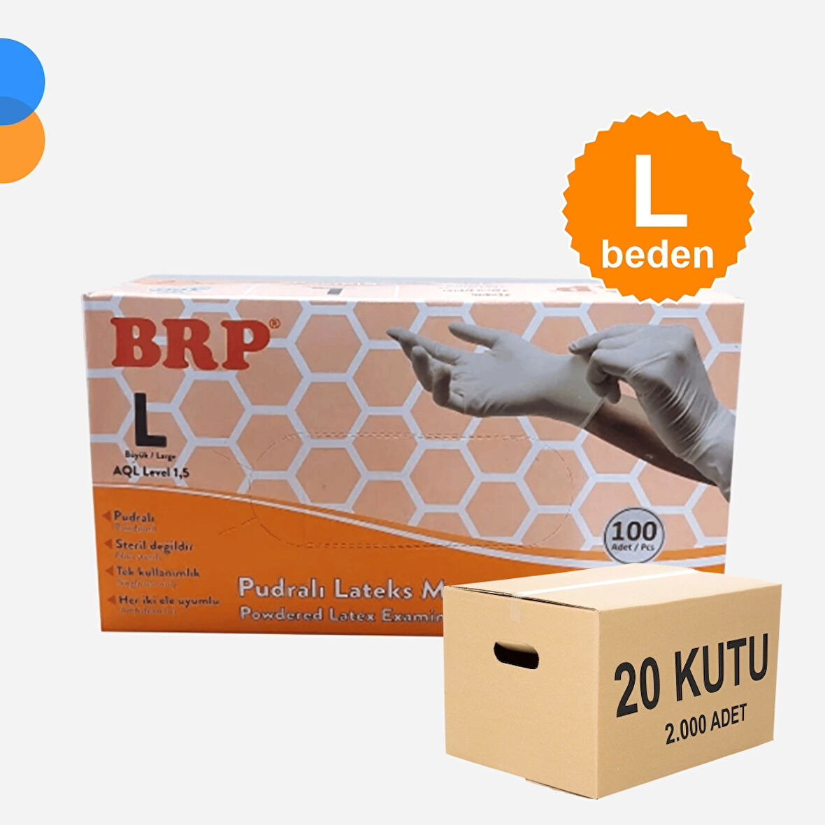 BRP Pudralı Lateks Muayene Eldiven Large (L) 100'lü Kutu X 20 Kutu - 1 Koli