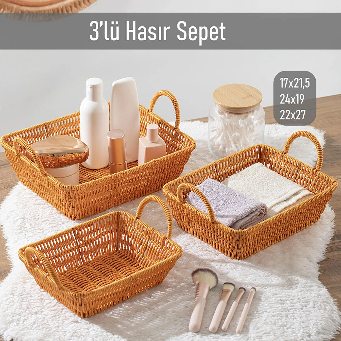 Porsima 301a 3lü Düzenleyici Dikdörtgen Hasır Sepet Seti Ekmeklik