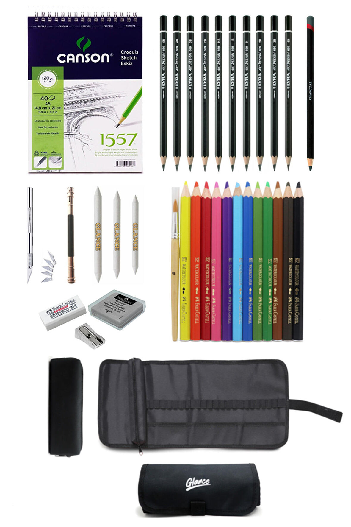 Canson A5 120 Gr 40 Yaprak Eskiz Defteri Faber-castell Grip Boya Kalemi Çantalı Çizim Eskiz Seti