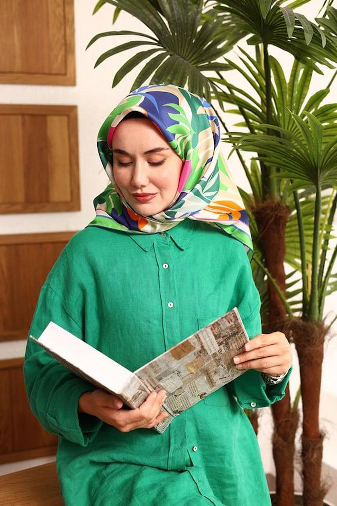 Silk Home Yeşil Yaprak Desen Tivil İpek Eşarp 11406-52