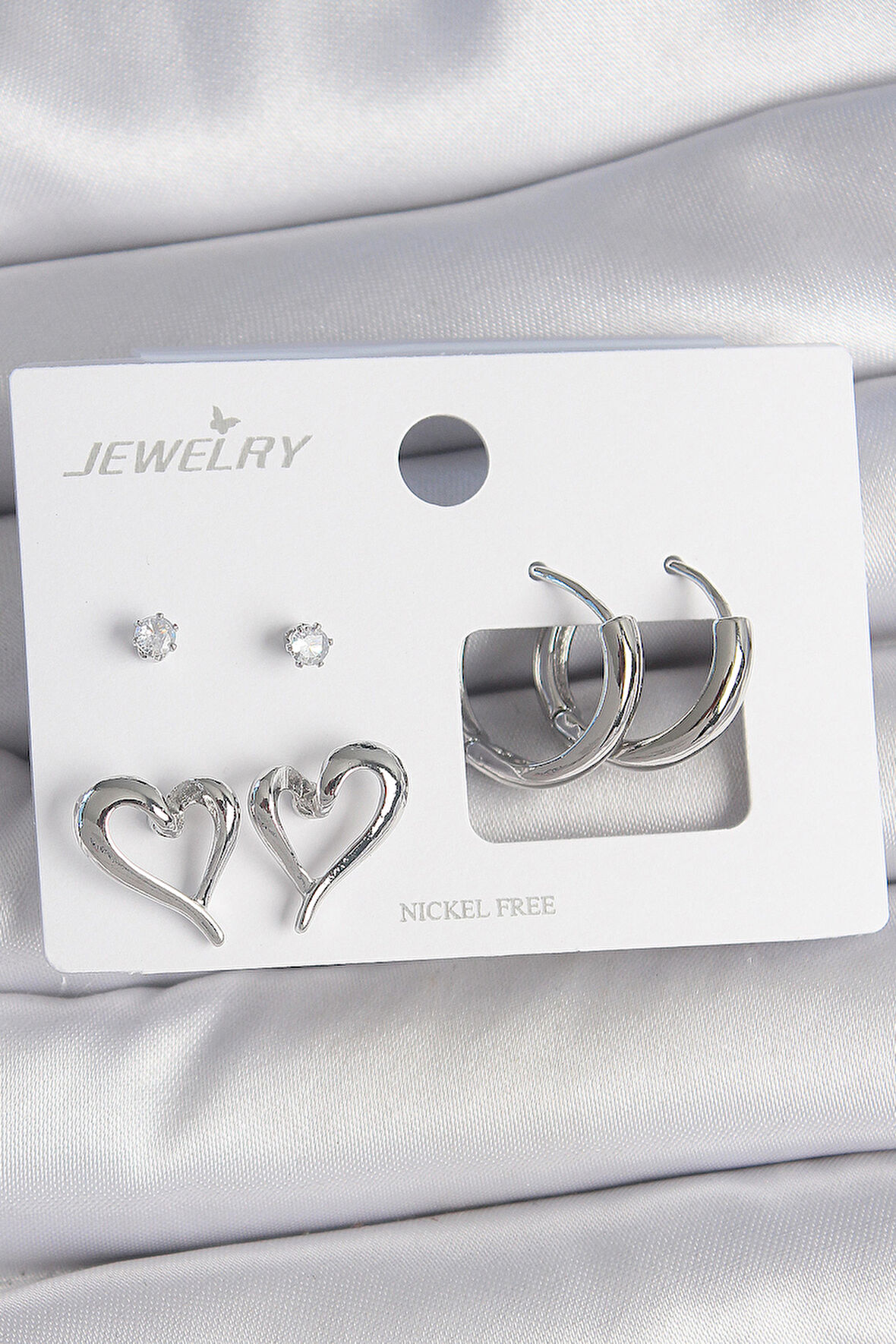 Pirinç Gümüş Renk Zirkon Taşlı Halka Model Kalp Detay 3 Çift Kadın Küpe Seti