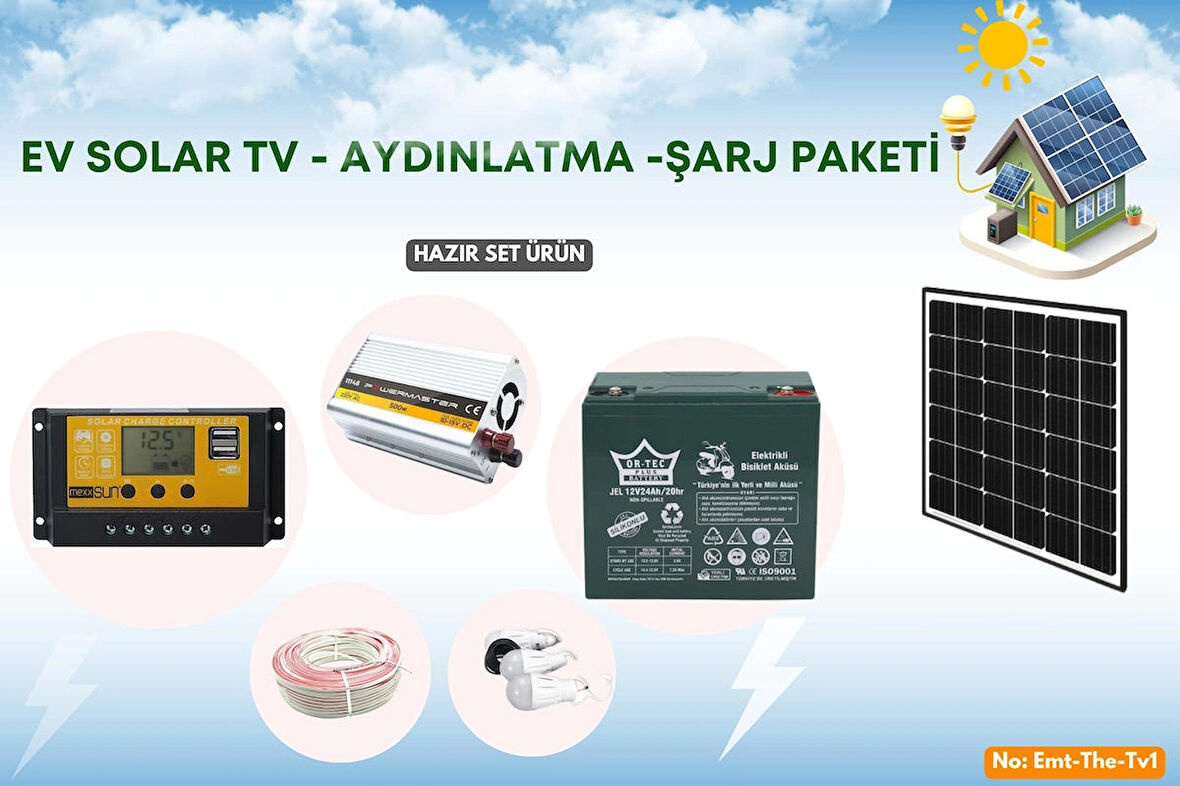Güneş Enerjisi Aydınlatma - Tv Paketi 500w Inverter 50w Güneş Paneli 24ah Jel Akü