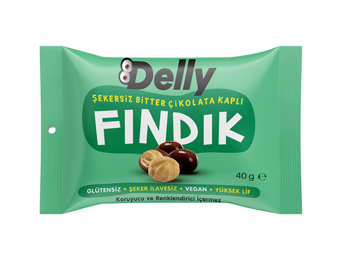 DELLY Şeker İlavesiz Bitter Çikolata Kaplı Fındık 40g X 12 Adet