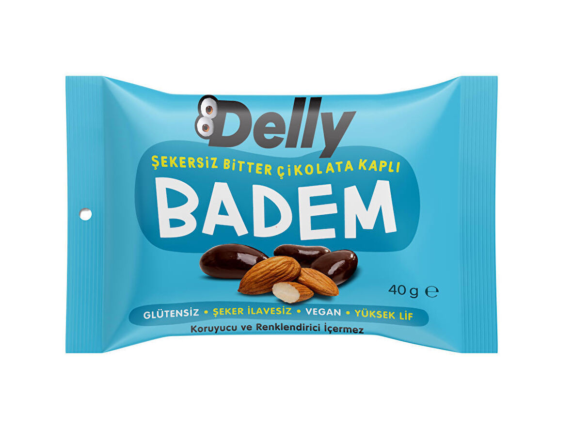 DELLY Şeker İlavesiz Bitter Çikolata Kaplı Badem 40g X 12 Adet