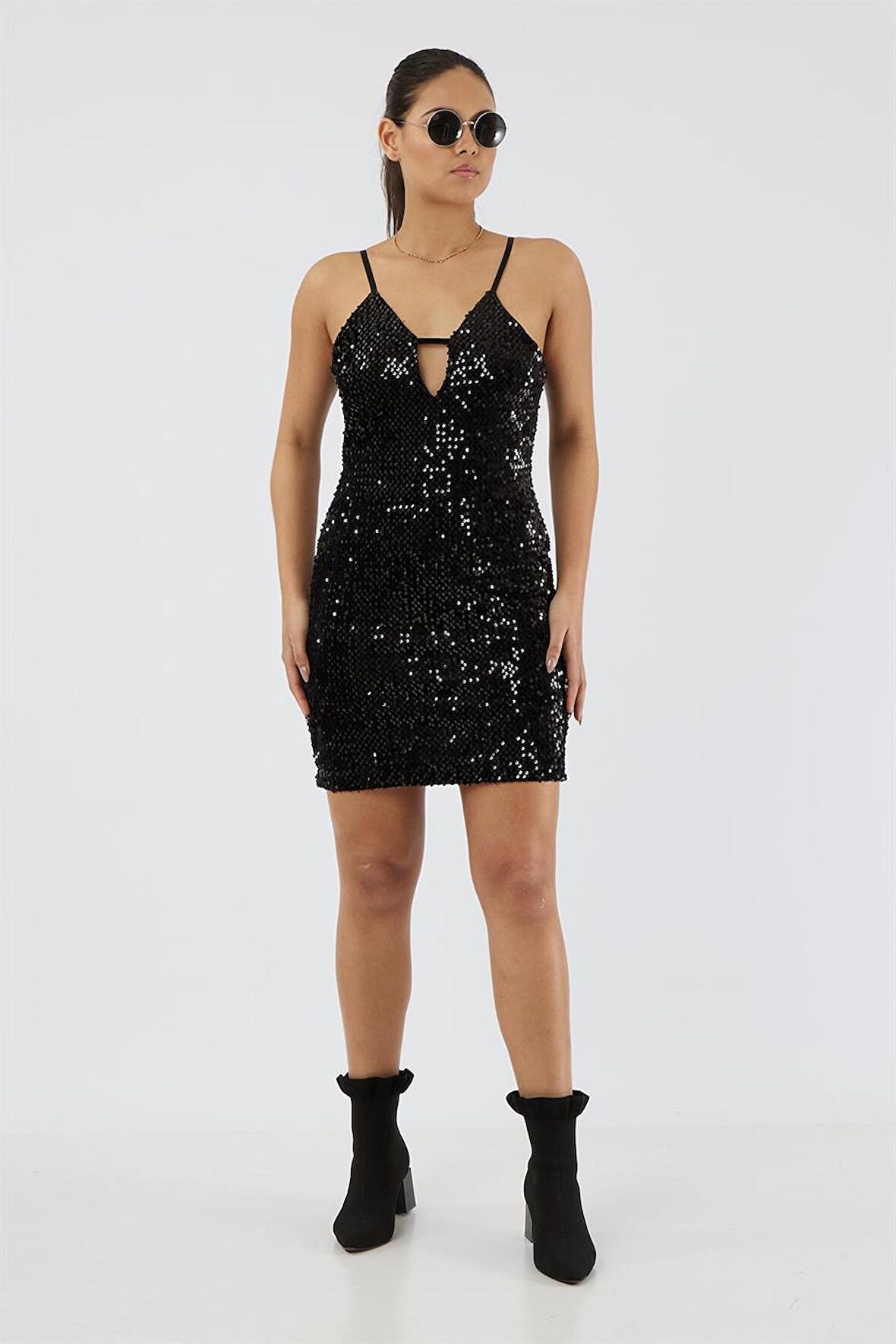 Double Face Çift Renk Pul Payet Dekolteli V Yaka Ayarlı Askılı Fermuarlı Astarlı Esnek Mini Elbise