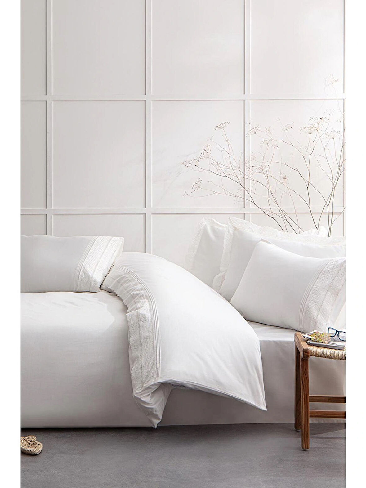 Ecocotton Liva Krem Çift Kişilik %100 Organik Pamuk Saten Brodeli Nevresim Takımı