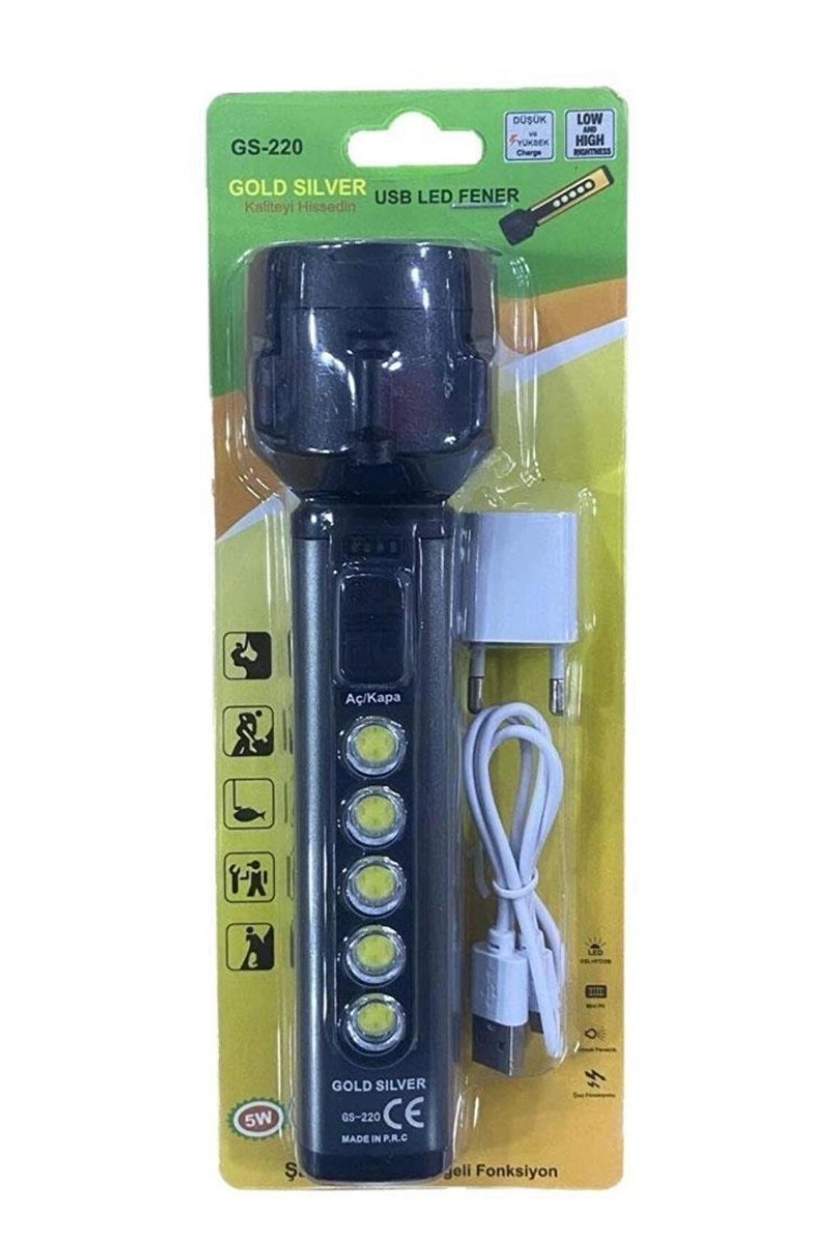 Gold Silver Gs-220 Usb Şarjlı Ledli El Feneri 5 Watt Gri