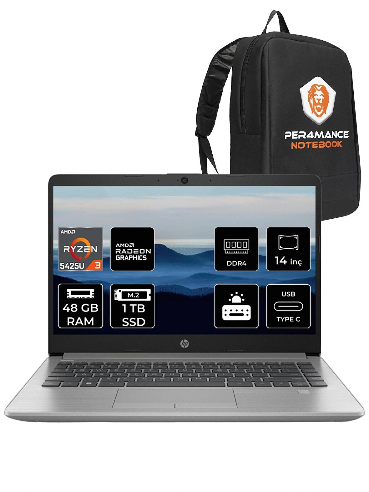HP 245 G9 Amd Ryzen 3 5425U 48GB 1TB SSD 14" FHD FDOS 6Q8M1ES & PER4 ÇANTA