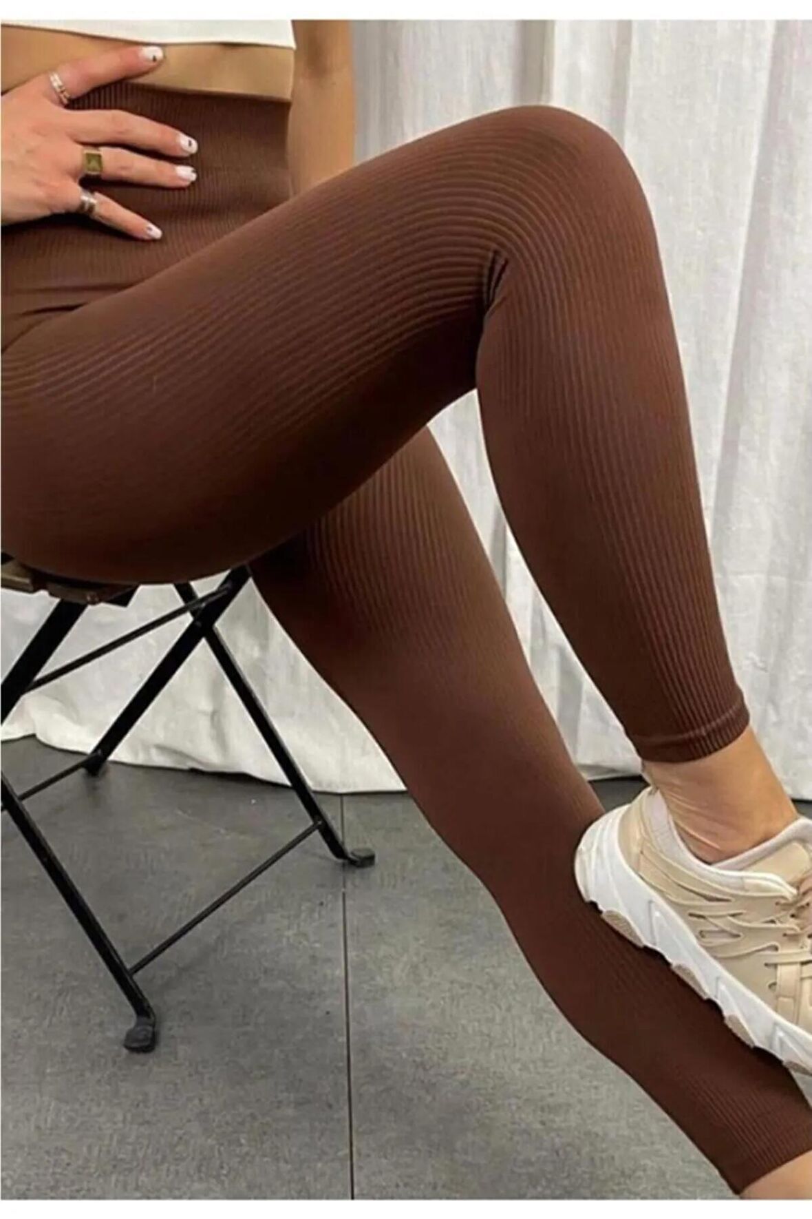 Fitilli Seamless Çizgili Tayt Yüksek Bel Dayanıklı Örme Kumaş Spor Tayt Toparlayıcı