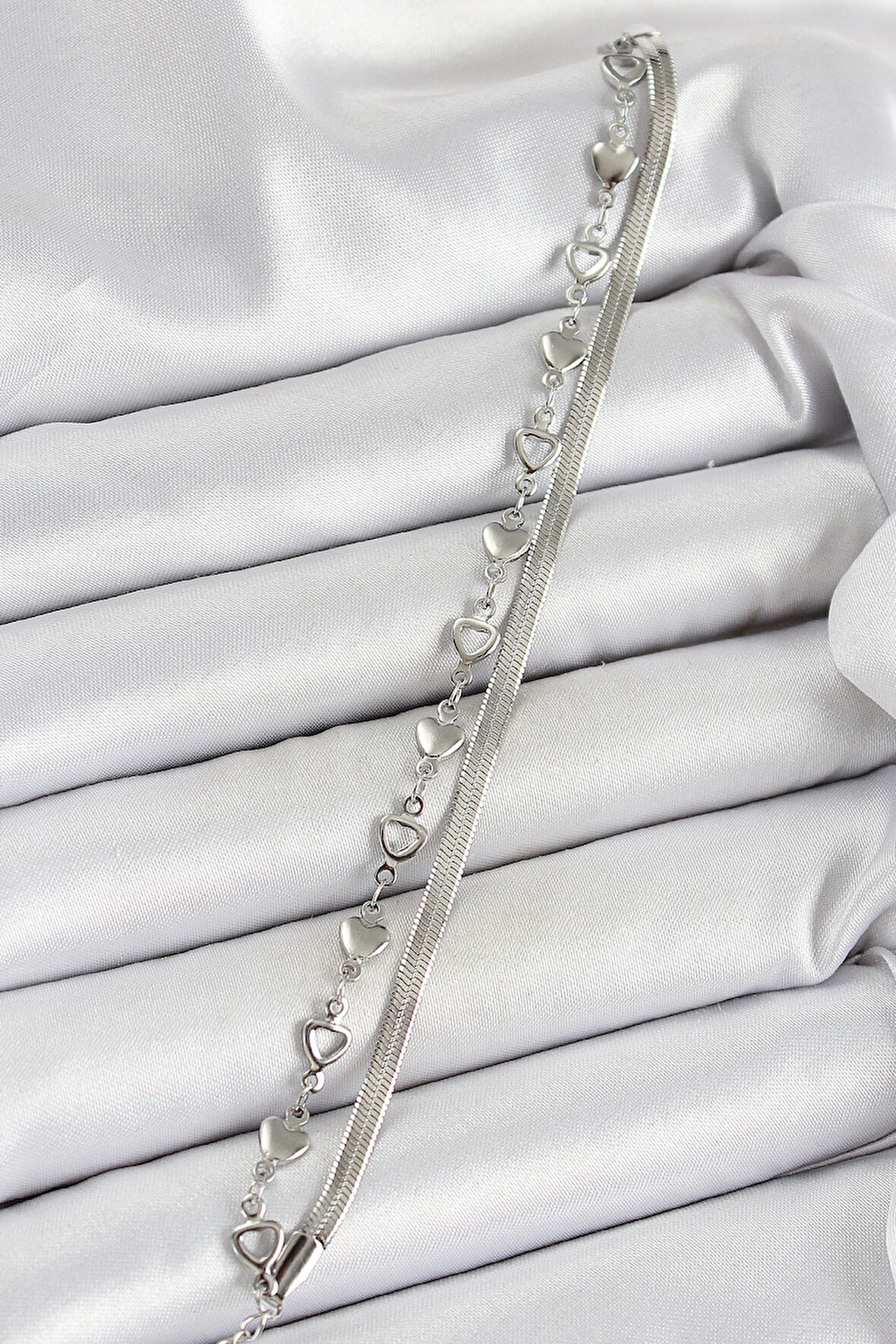 316L Çelik Gümüş Renk Kalpli Zincir ve İtalyan Zincirli 2'li Kadın Bileklik