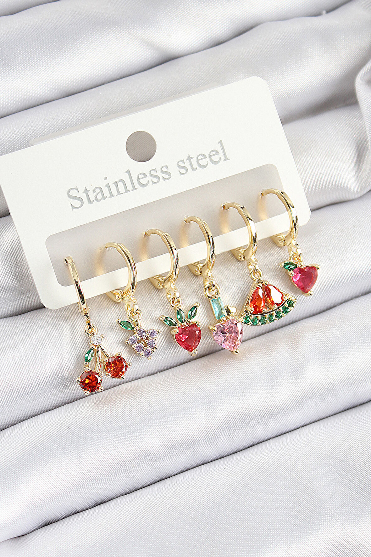 Pirinç Zirkon Taşlı Meyve Temalı Karışık Model Gold Renk 6'lı Set Kadın Küpe