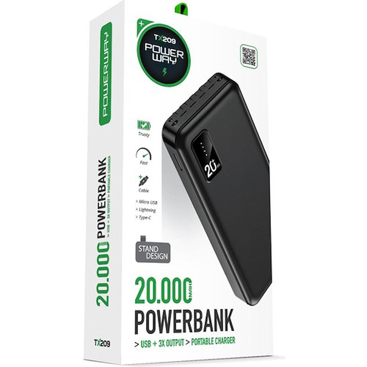 Powerway TX209 20.000 Mah Kablolu Dijital Göstergeli Powerbank 