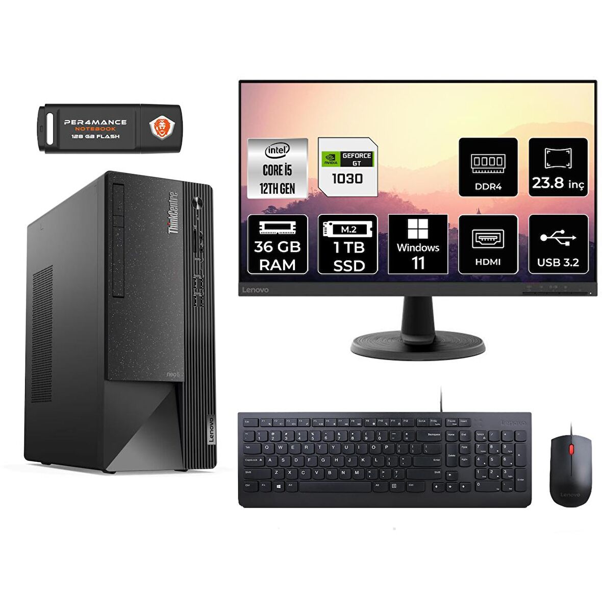 Lenovo ThinkCentre Neo 50T i5 12400 36GB 1TB SSD GT1030/4GB W11H 11SE00BJTX MASAÜSTÜ PC & 23.8" MONİTÖR