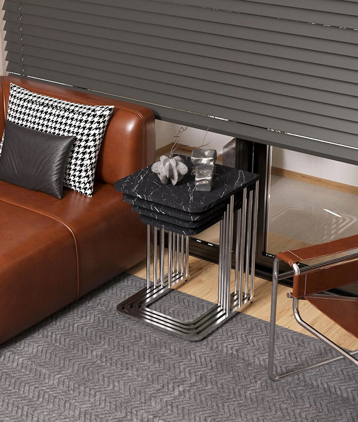 Ceylin 4lü Zigon Sehpa Mdf Tekerlekli Gümüş Ayak Siyah Mermer