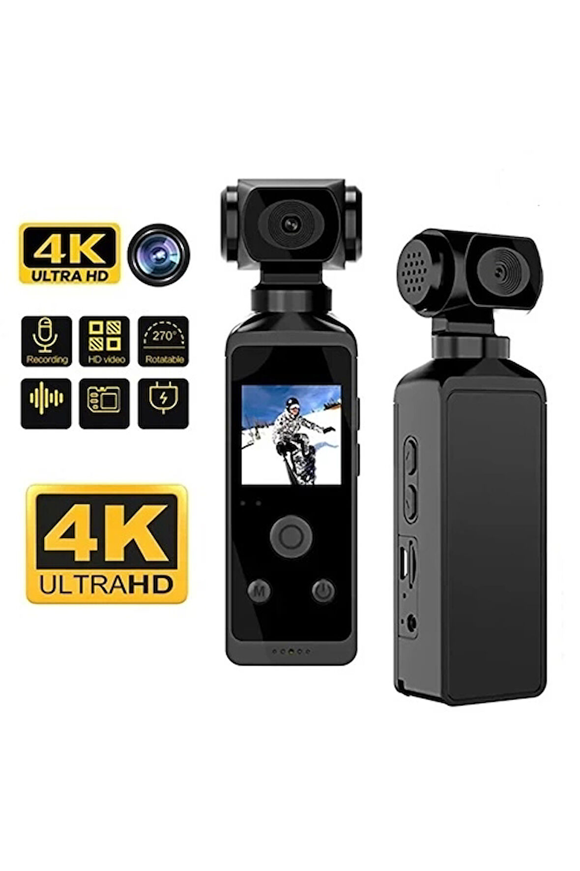 4K Ultra HD Aksiyon Kamerası 270° Geniş Açı Döner Klips Su Geçirmez Kılıf WiFi Kamera