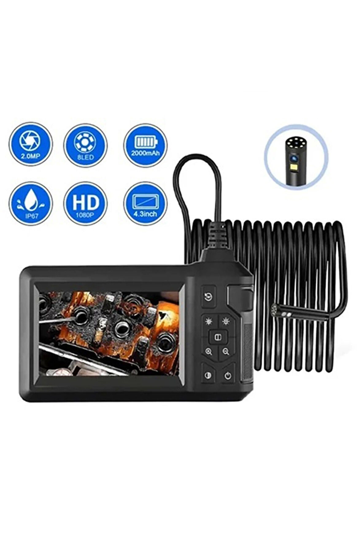 Vtn-008 Ekranlı Çift kameralı 10 Mt Sert Kablo Yılan Endoskop Kamera 8 mm 4.3 ınc